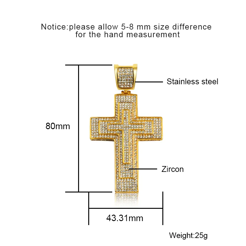 Double-Frame Iced Out Zircon Cross Pendant Necklace size detail Double-Frame Iced Out Zircon Cross Pendant Necklace size detail